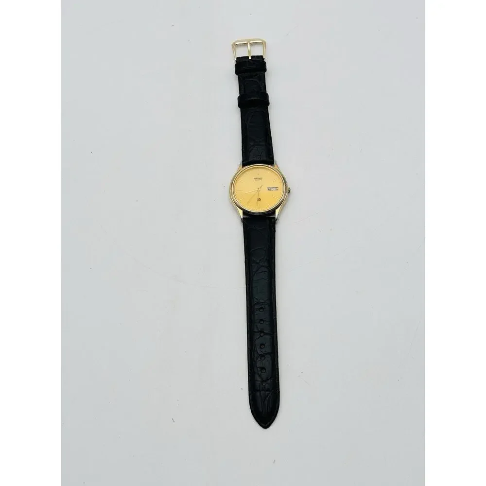 Seiko SQ Watch Men 33mm Gold Dial Gold Tone Daydate Round 5H23-7B09 New Battery